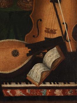 Vanitas med silverföremål, musikinstrument och döskalle.