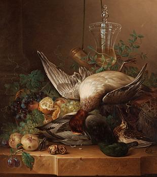 Jan Hendrik Hein, Still life with ducks, fruits and a glass trophy.