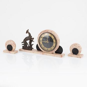 A 3-piece Art Deco mantel clock set, Ucra, France, 1930's.