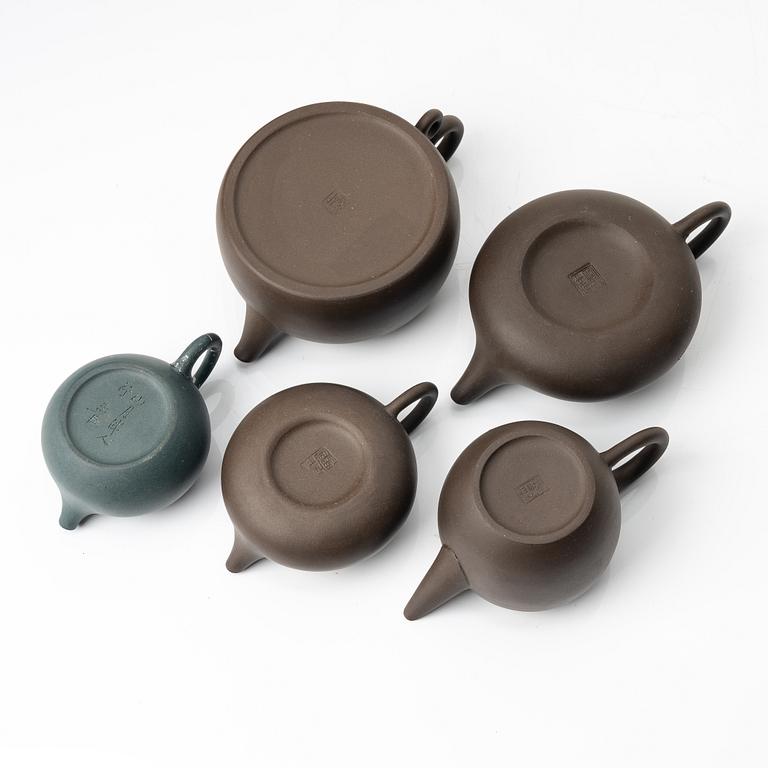 Tekannor, fem stycken, yixing, Kina, 1980/-90-tal.