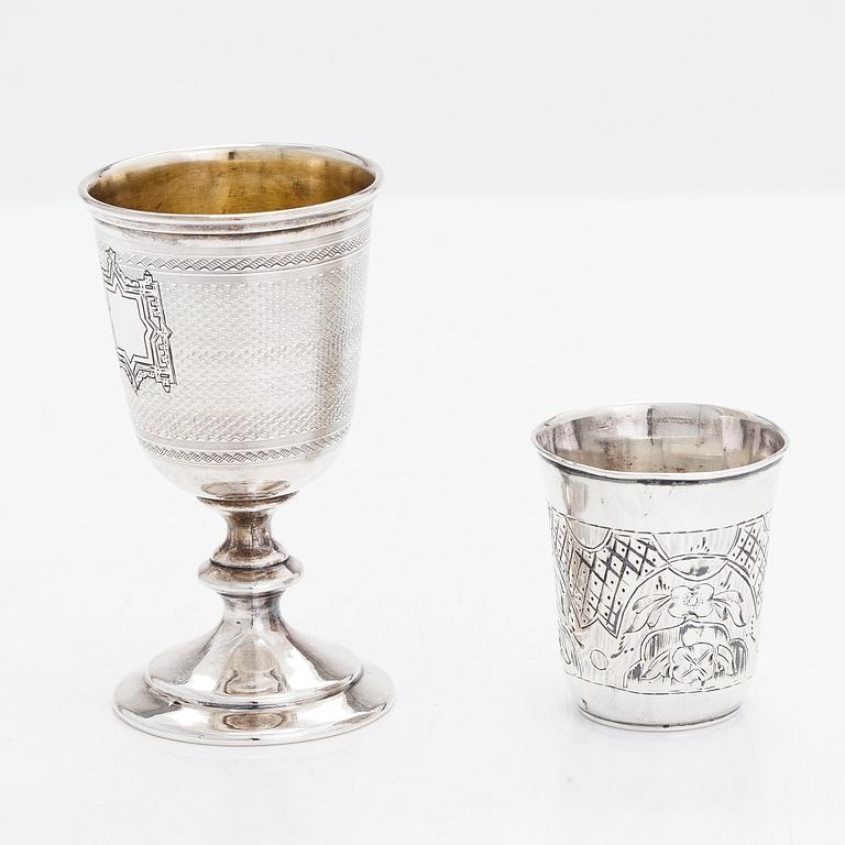Two silver beakers from Moscow, 1874 and 1882, maker marks of Fyodor Ivanov and Alexander Egorov.
