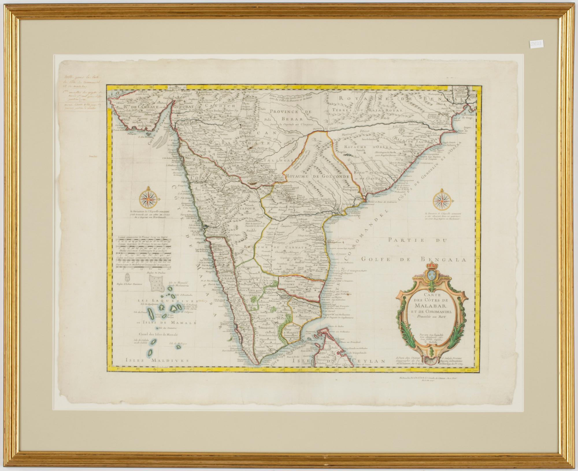 KARTA, "Carte des Cotes de Malabar et de Coromandel", Guillaume De L'Isle, först utgiven 1723.