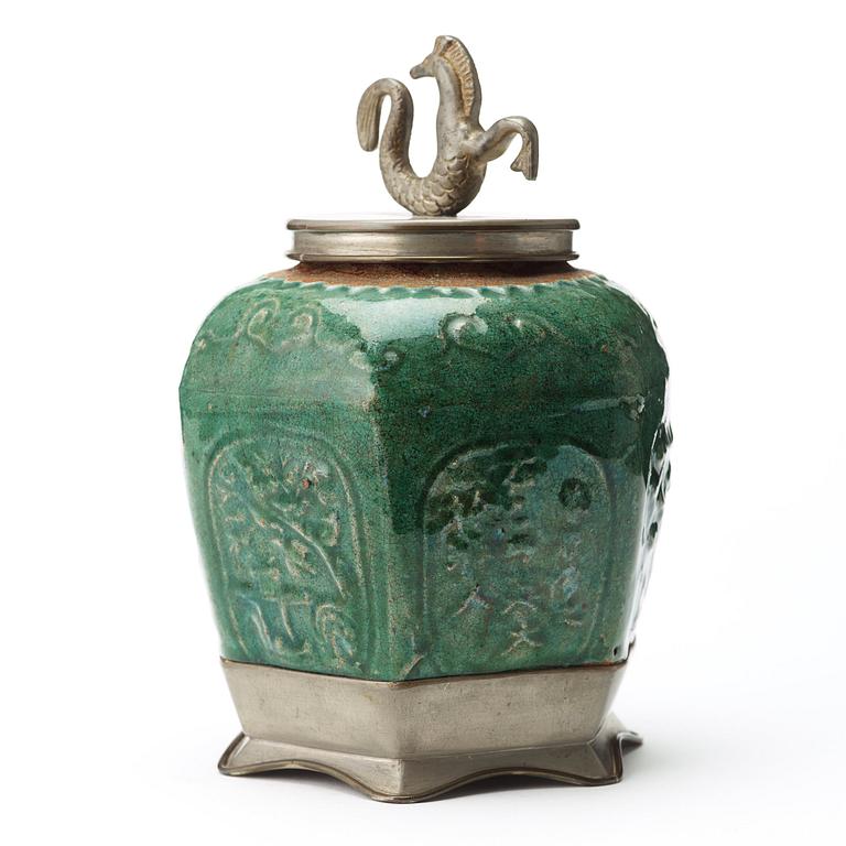 Estrid Ericson, a stoneware and pewter jar with cover, Svenskt Tenn, Stockholm 1927.