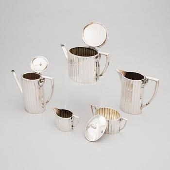 An Art Déco Silver 800 Coffee Pot, Teapot, Creamer, Sugar Bowl and Pitcher, Silberwarenfabrik Alexander Sturm, Austria.