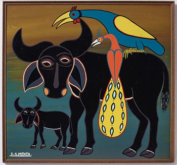 Seymond George Mpata, bicycle paint on masonite, Tingatinga- painting, signed.