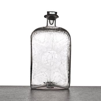 A glass bottle, 18th Century.