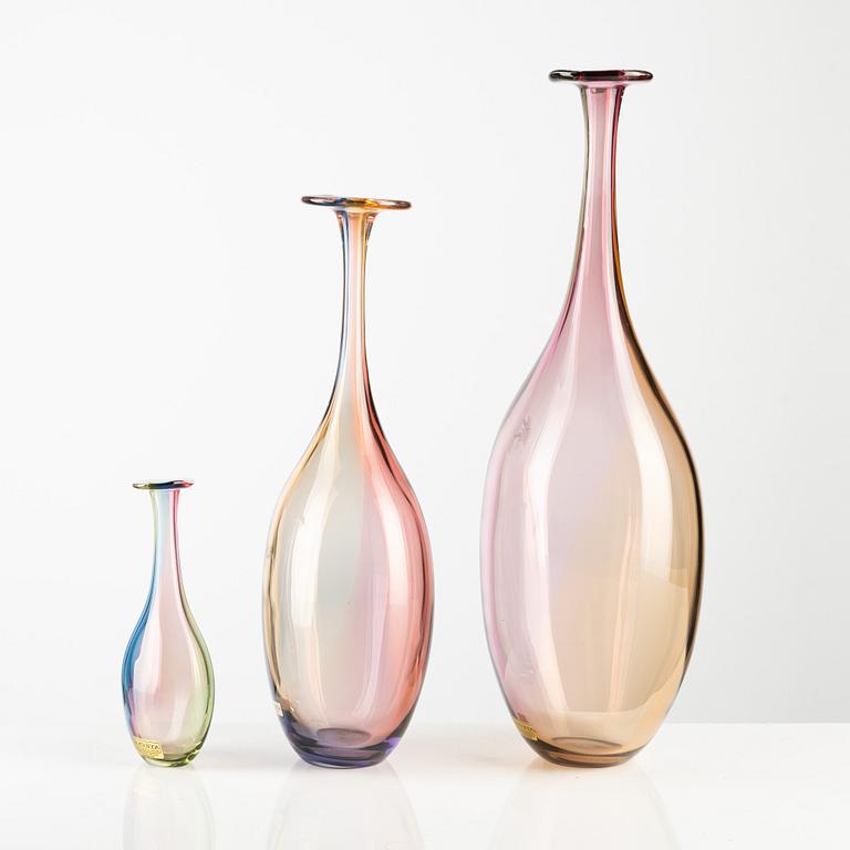 Kjell Engman, five "Fidji" glass vases, Kosta Boda, Sweden, two are limited edition.