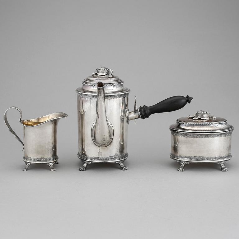 KAFFESERVIS, 3 delar, silver, Eric Råström, Stockholm, 1949. Total vikt ca 1600 gram.