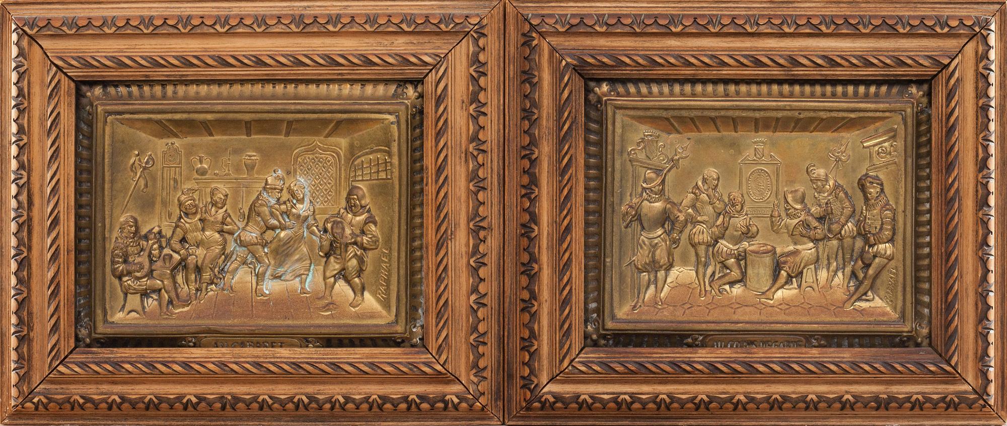 VÄGGRELIEFER, mässing, Frankrike, ett par.