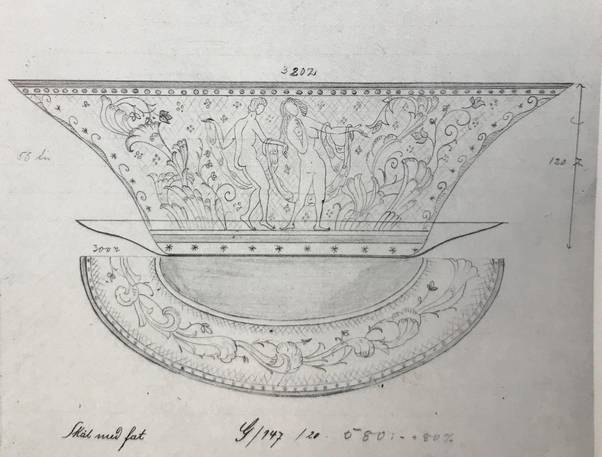 Simon Gate, an engraved glass bowl and stand, Orrefors, Sweden  1924, model 147.