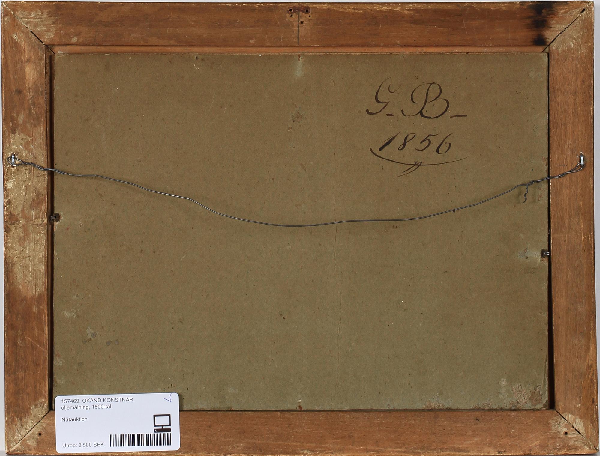 OKÄND KONSTNÄR, olja på pannå. Bär monogramsign GB o dat 1856 á tergo.