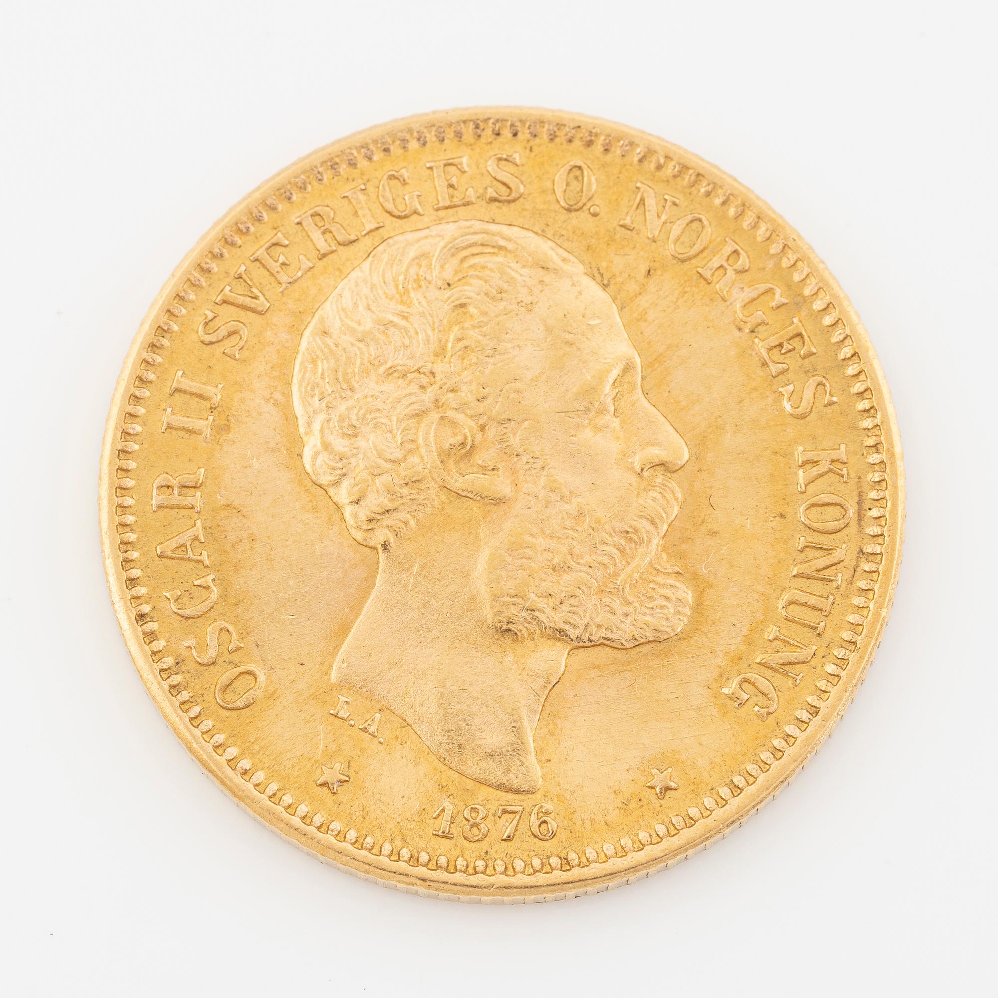 Gold coin, Oscar II, 20 kronor, type II, Sweden 1876.