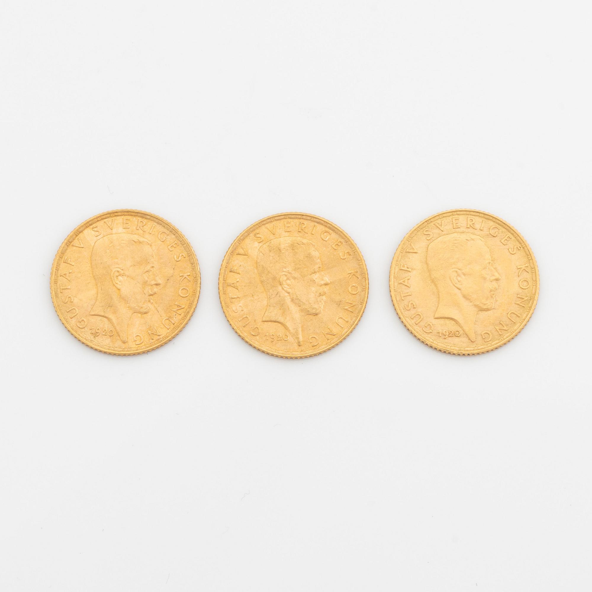 Gustav V, guldmynt 3 st, 5 kr, 1920.