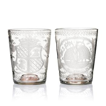 323. Two engraved Dutch glasses, late 18th Century.