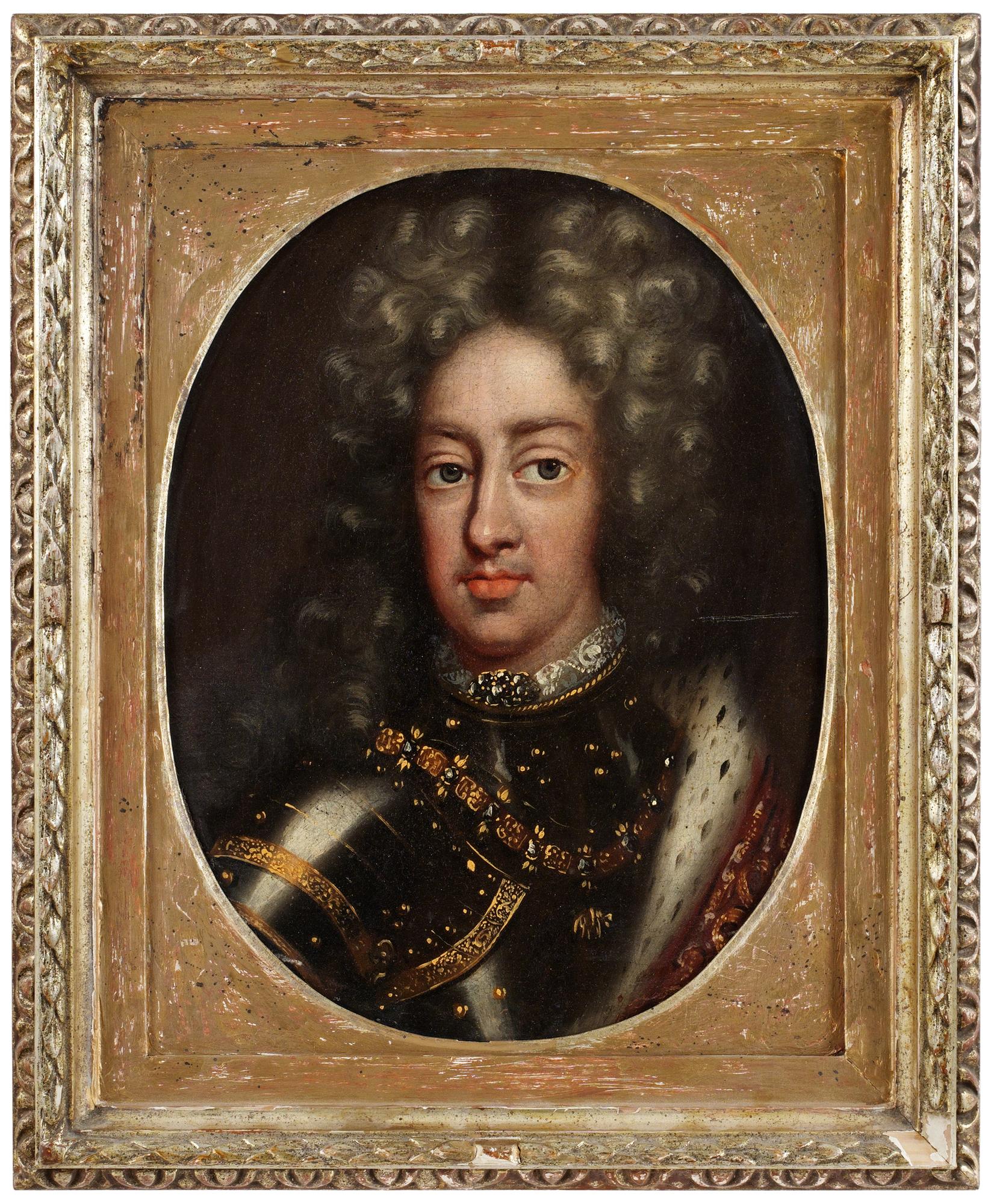 Man's portrait in wig and armor, a pair.