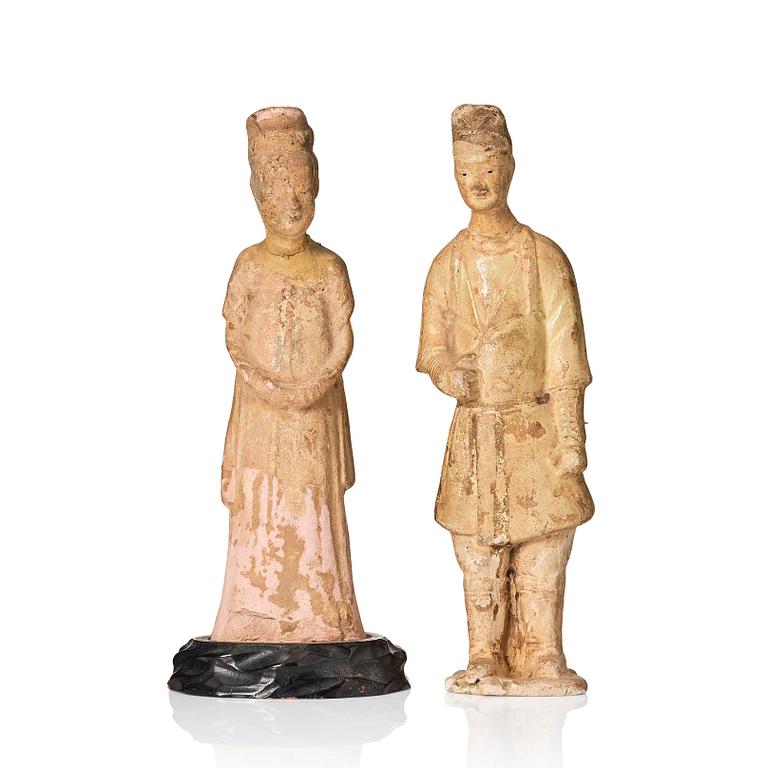 Two yellow glazed pottery figures, Tang/Sui dynasty.