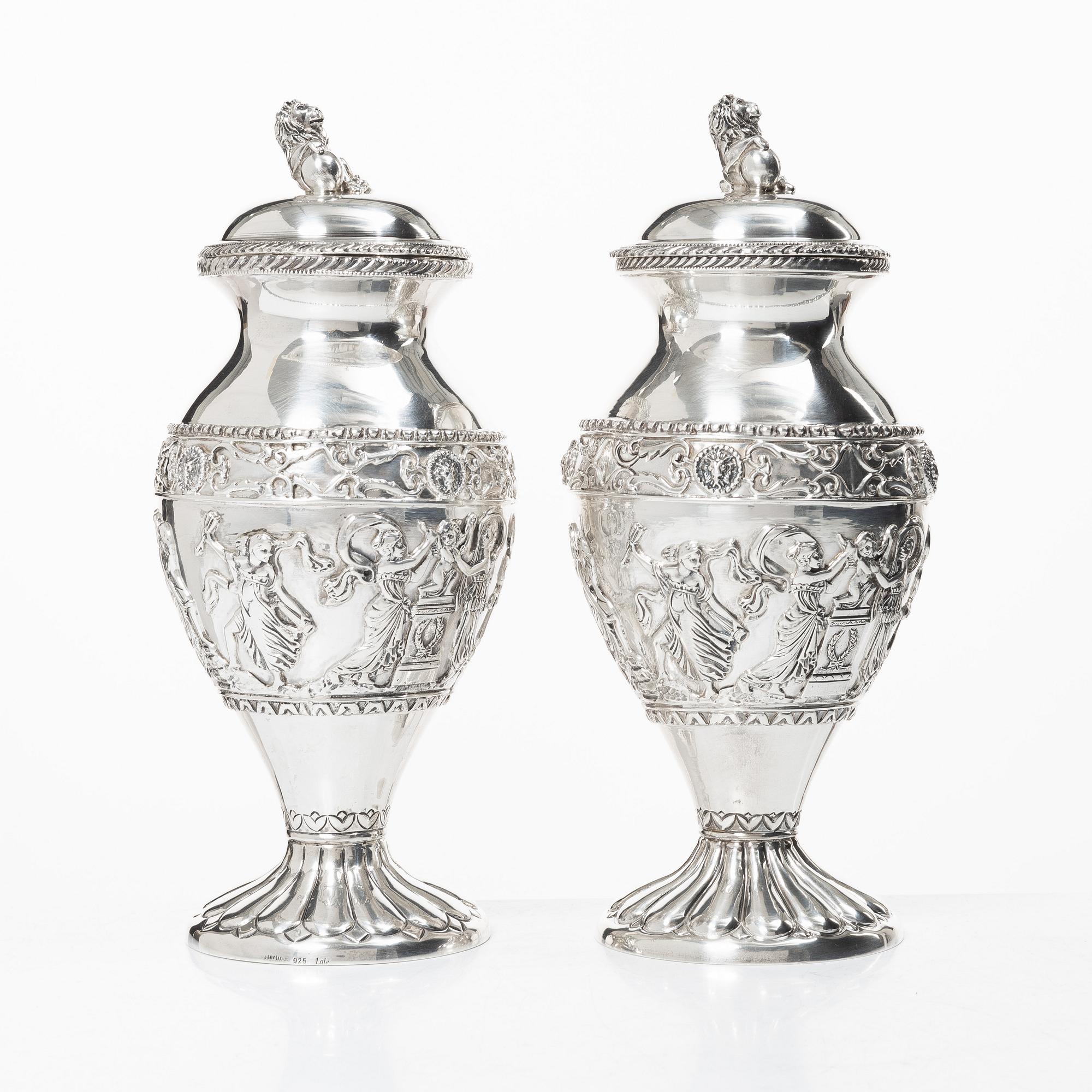 Lale Silverware & Co Ltd, a pair sterling silver lidded urns, Istanbul, Turkey 20th century.