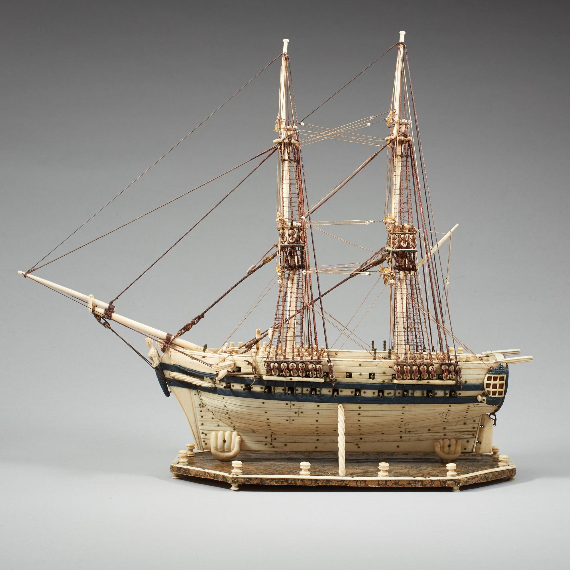 An Anglo-French early 19th century carved bone "Prisoner of War" 40 gun ship model.