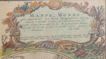 Map of the world, hand colored engraving, Homann Heirs, Nürnberg 1746.