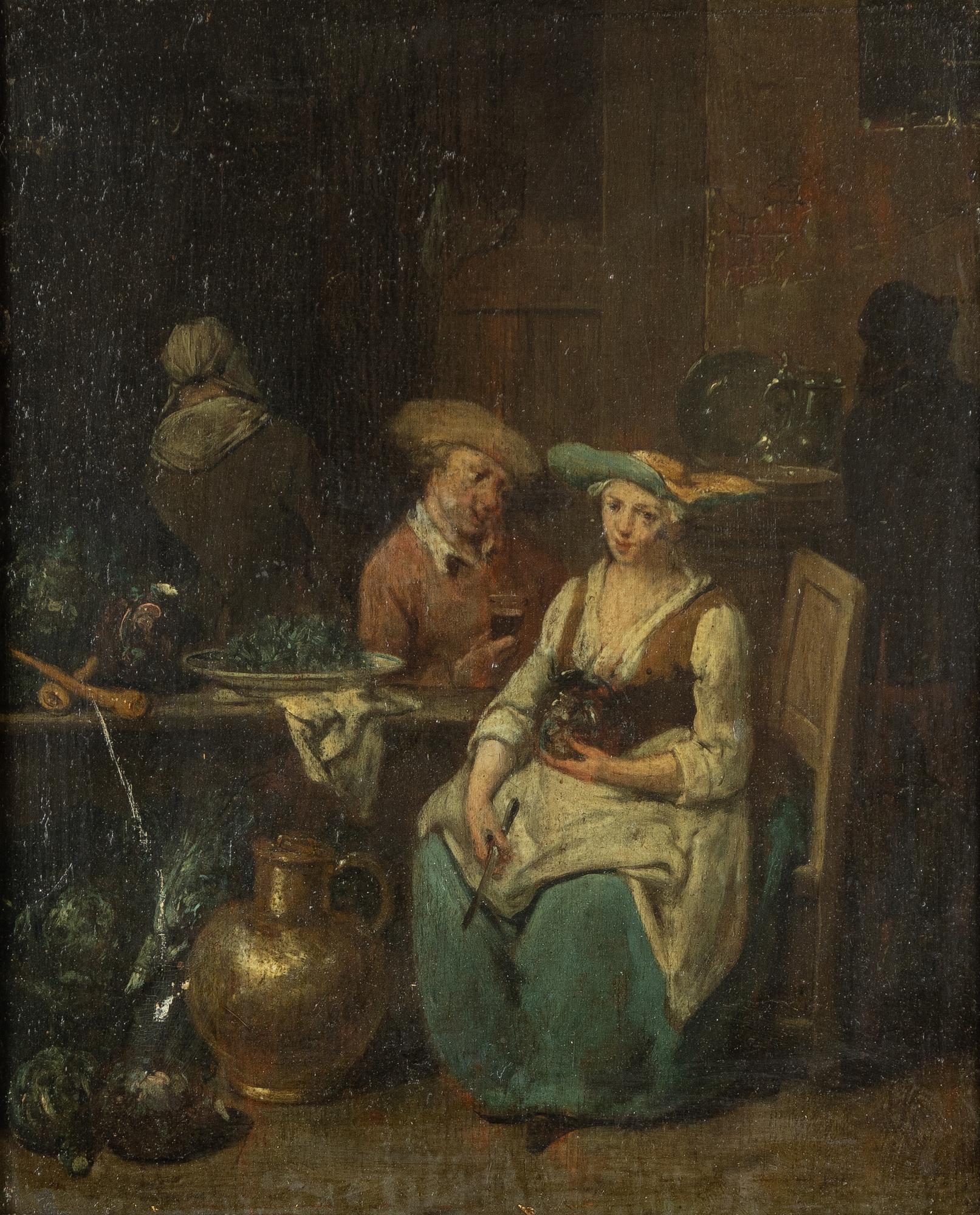 Jan Baptist Lambrechts, attributed to, Interior with a woman working in the kitchen and a man drinking wine.