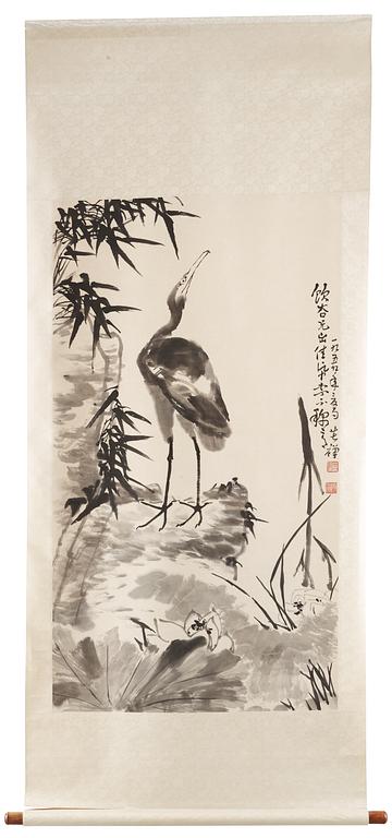 Li Kuchan, "Crane, Cliff, Bamboo and Lotus", a fine hanging scroll, signed and dated 1959.
