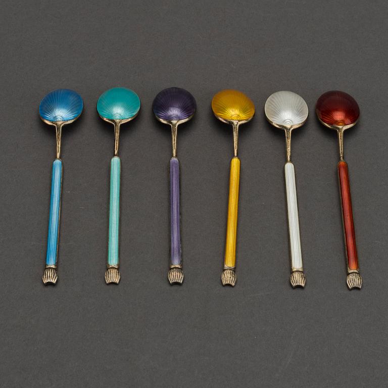 A danish set of six silver and enamel spoons mark of A Michelsen Denmark 20th century, weight ca 66 gr.