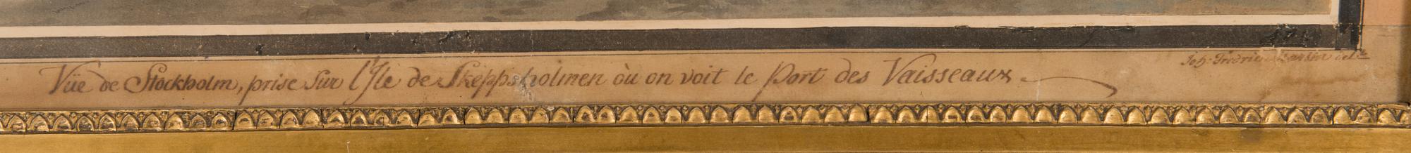 JOHAN FREDRIK MARTIN, käsinväritetty etsaus, signeerattu, "Vue de Stockholm", 1700-luku.