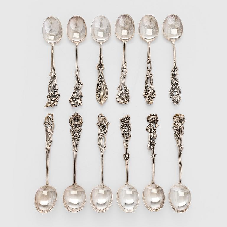 Kaffeskedar, 12 st, silver, "Svenska Floran", 1970-tal.