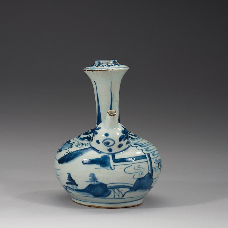 A blue and white kraak kendi, Ming dynasty, Wanli (1572-1620).