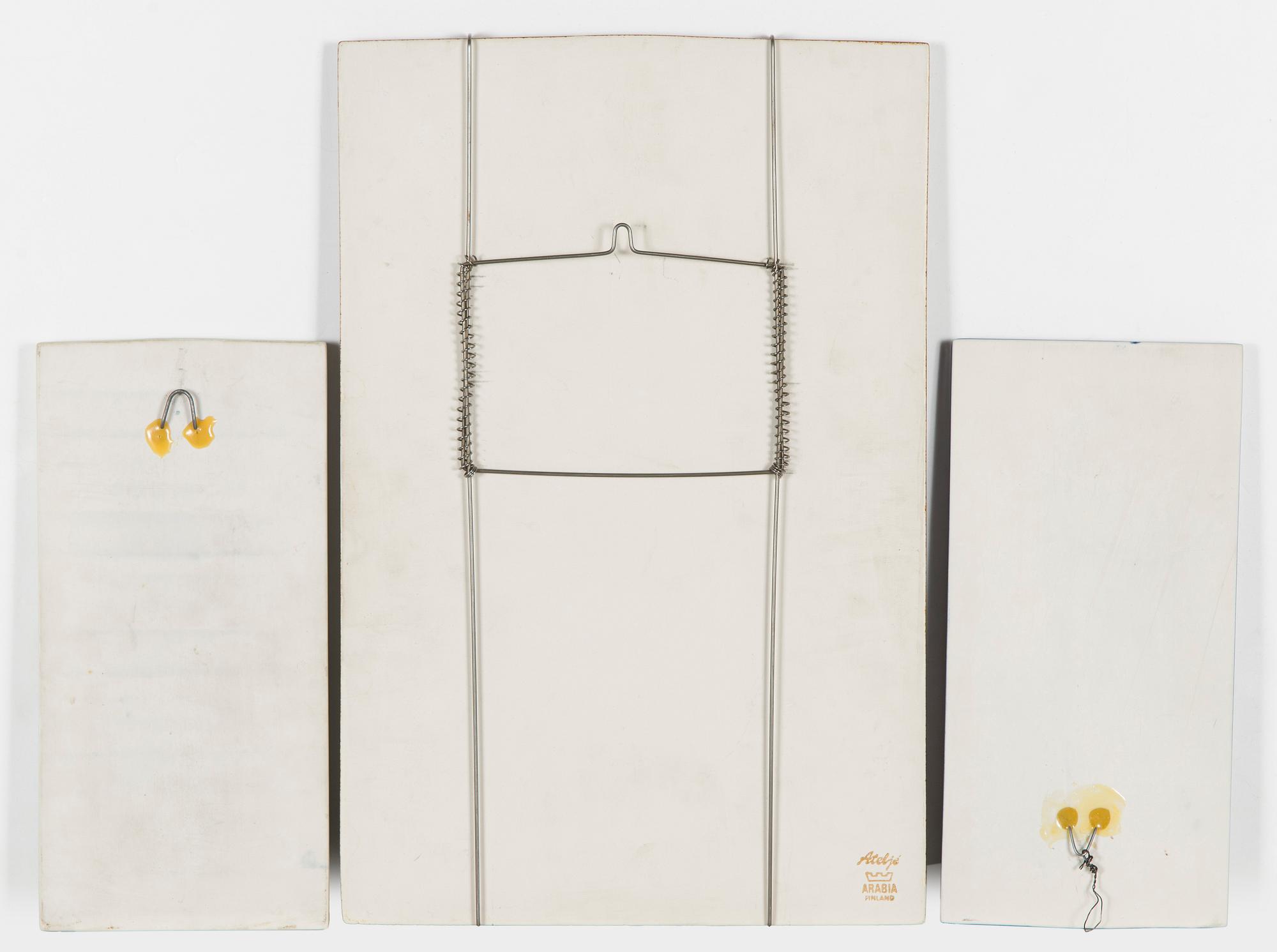 Raija Uosikkinen, three 1970s ceramic wall plaques, Arabia, Finland.