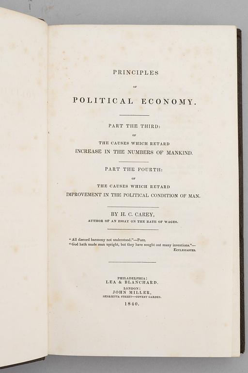 Carey’s ”Principles of Political Economy” complete in 4 parts (3 vols).