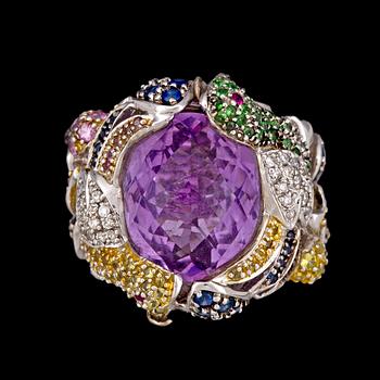 104. RING, amethyst, brilliant cut diamonds, tot. app. 0.25 cts, different colour sapphires and tsavorites.
