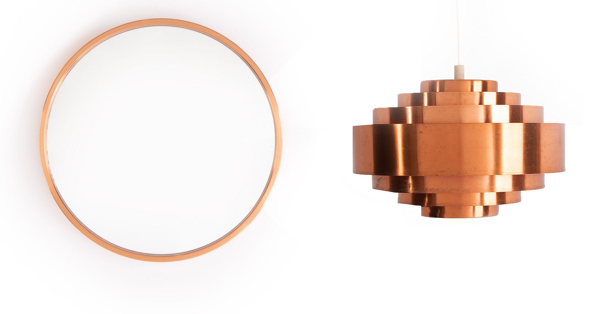 A copper ceiling lamp, by Fog & Mørup, Denmark, and a copper mirror, Markaryd.