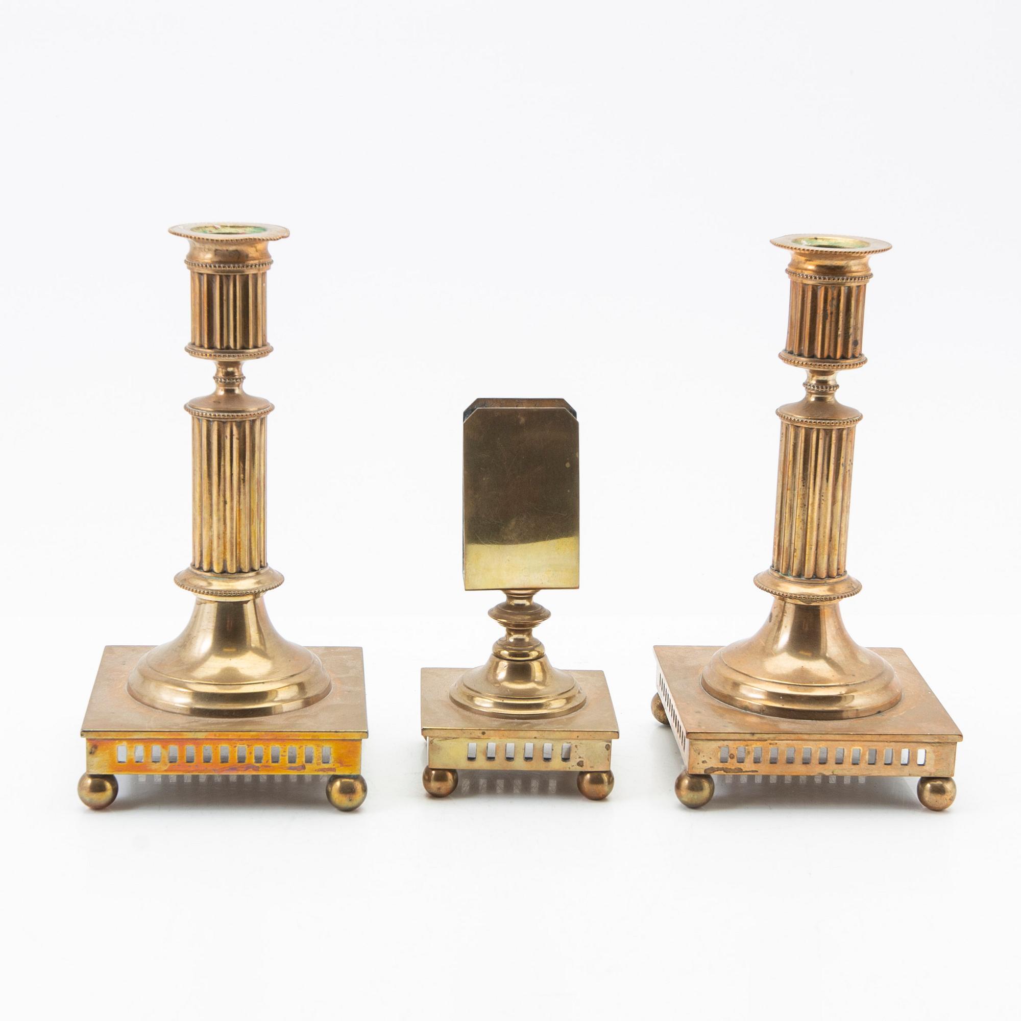Candelsticks, a pair, and a match holder, Torshammars Bruk, late 19th century/early 20th century.