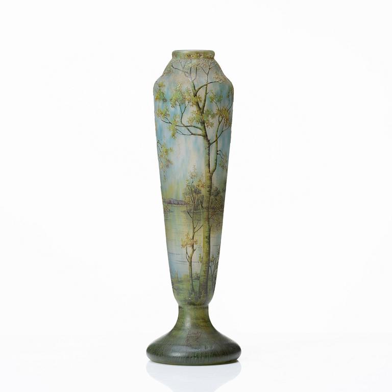 Daum, an Art Nouveau enamel painted cameo glass vase, Nancy France.