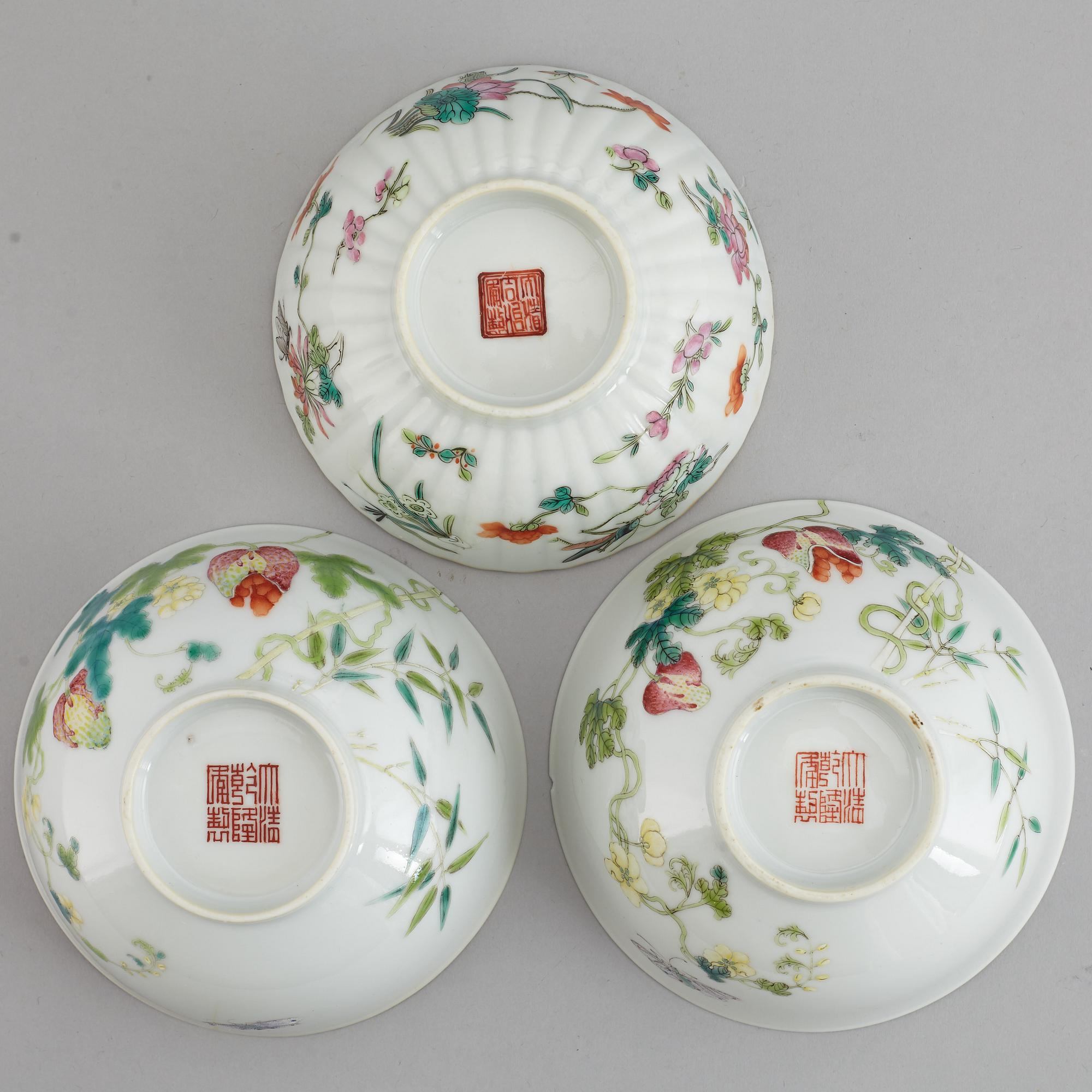 A set of three famille rose bowls, China, 20th Century.