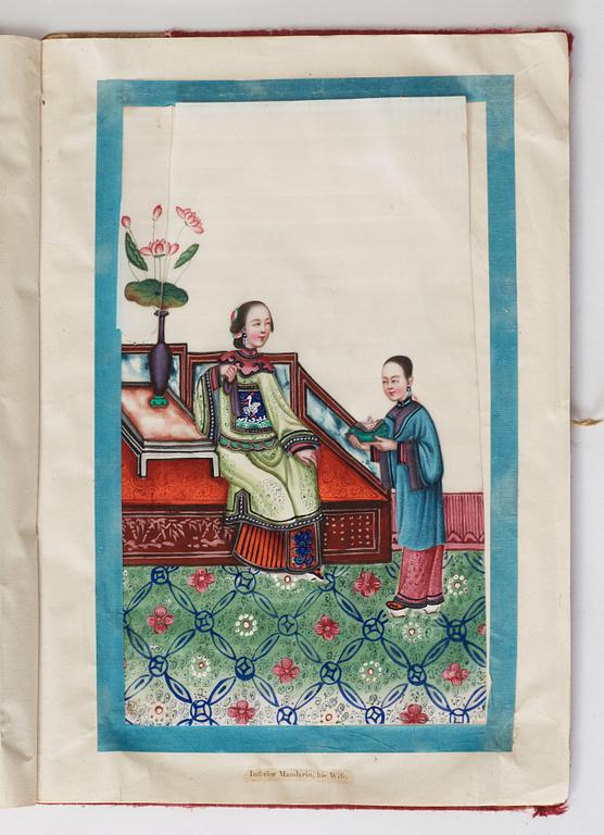 Album comprising 12 export gouaches on pith paper, portraying the Chinese court, Qing dynasty, late 19th Century.