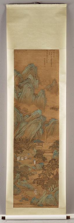 A hanging scroll of figures in a landscape, presumably by a female artist (Yinhu from Tongjin), Qing dynasty(1644-1912).