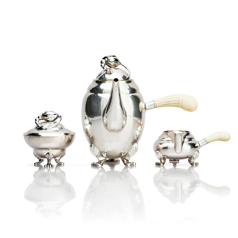 Georg Jensen, a three pieces coffee service in sterling silver, "Magnolia/Blossom", Copenhagen 1933-44.