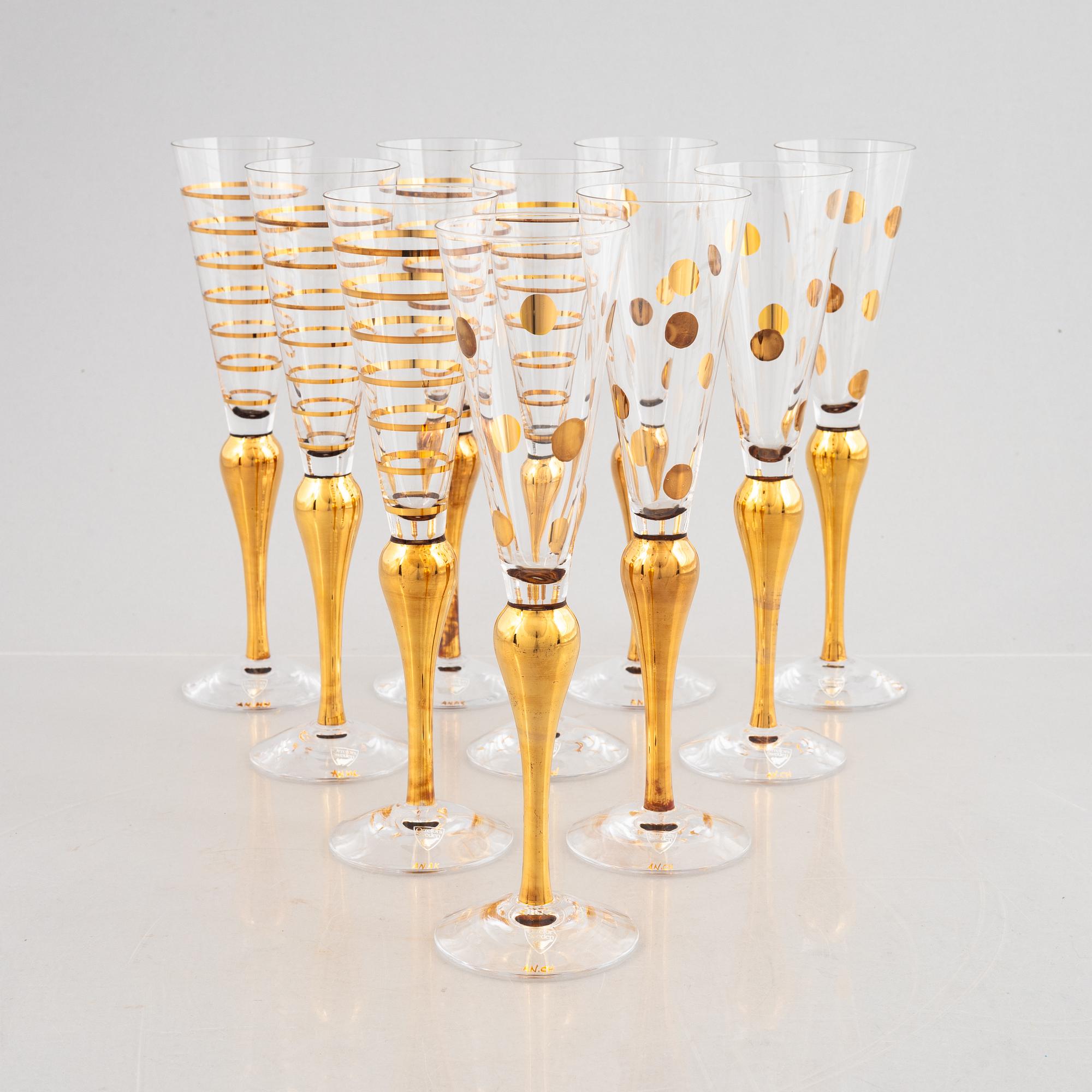 Anne Nilsson, ten champagne glasses, Orrefors, Sweden.