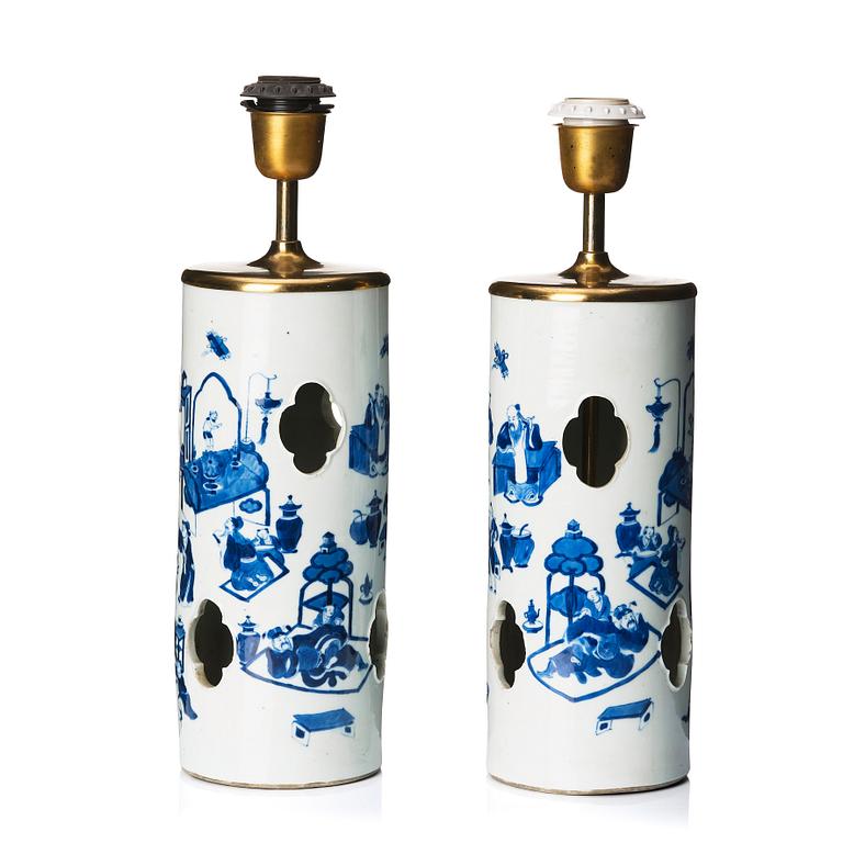 A pair of blue and white vases made in to lamps, late Qing dynasty, 19th Century.