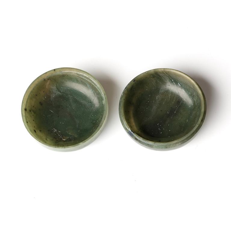 Two Chinese nephrite boxes, one with silver mount.