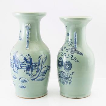 Two underglaze blue and celadon ground vases, late Qing dynasty and 20th century.