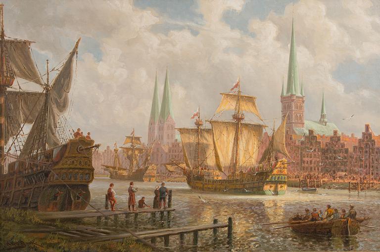 ADOLF BOCK, VIEW OVER TRAVE AND THE HARBOUR IN LÜBECK.