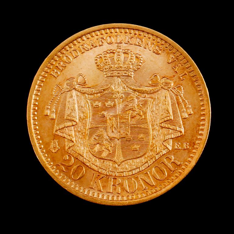 GULDMYNT, 20 kronor, Oscar II, 1902. Vikt ca 9 gram.