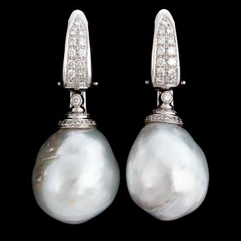 Cultured baroque South sea pearl and brilliant-cut diamond earrings.