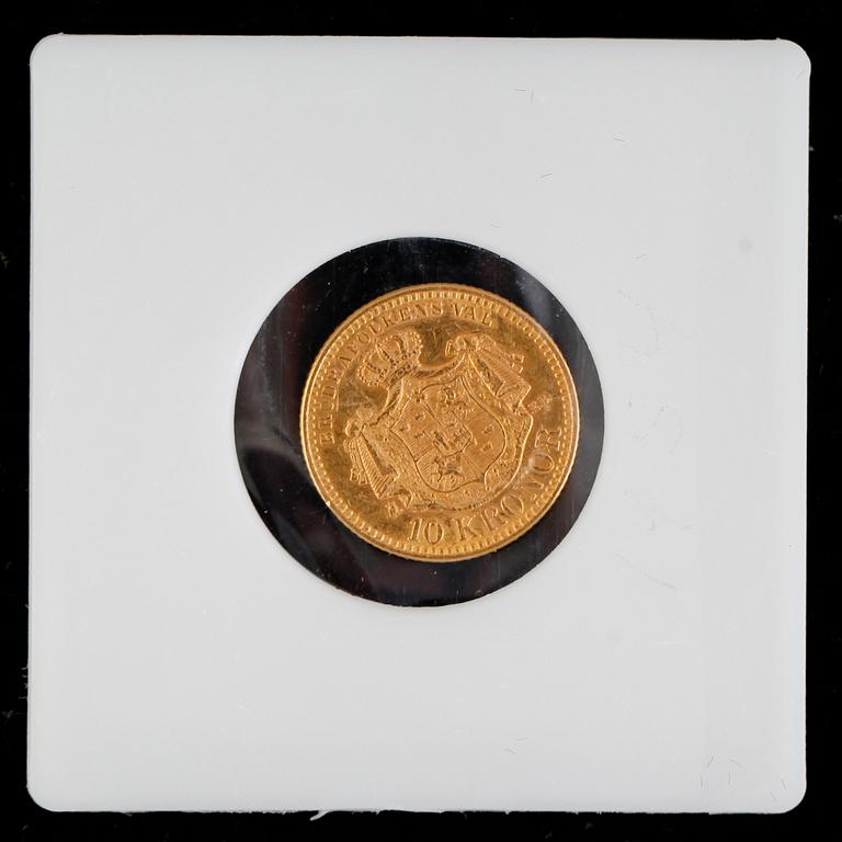 GULDMYNT, 10 kronor, Oscar II, 1901. Vikt ca 5 gram.