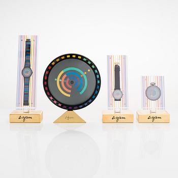 Yaacov Agam, Movado, "Rainbow", Two wrist watches, a table clock and a pocket watch.