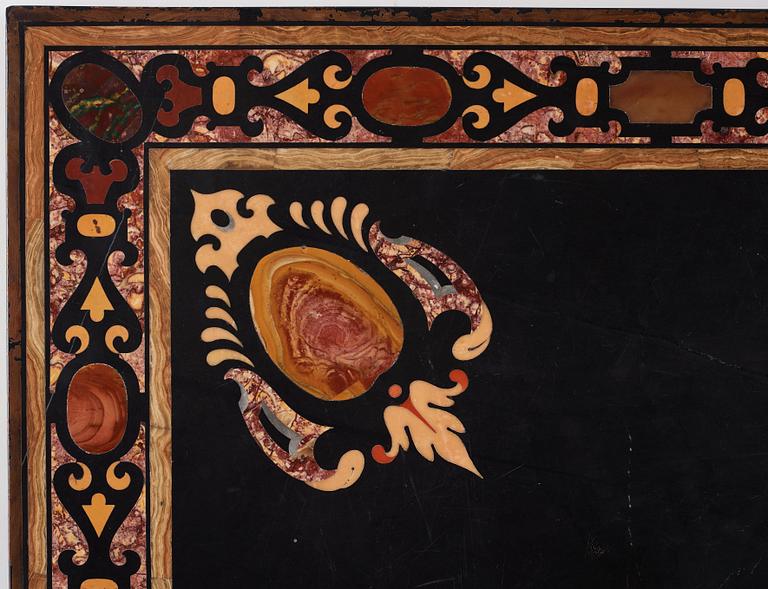 A pietre dure top, Italy, circa 1900, probably Rome or Naples. The stand in Louis XIV-style.