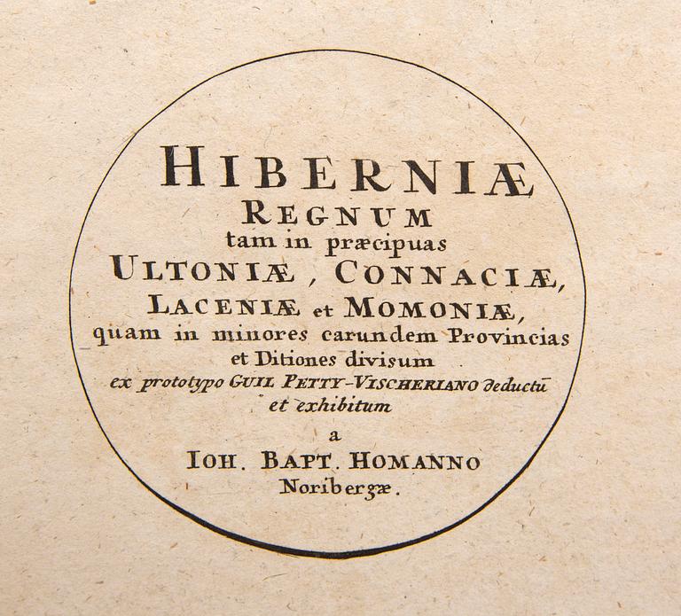 Johann Baptist Homann after, map Ireland, hand colored copper engraving, Nürnberg 18th Century latter part / 19th early.